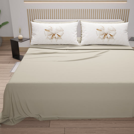 Lenzuola in Cotone, Completo Letto con Federe in Stampa Digitale Fiocco Beige