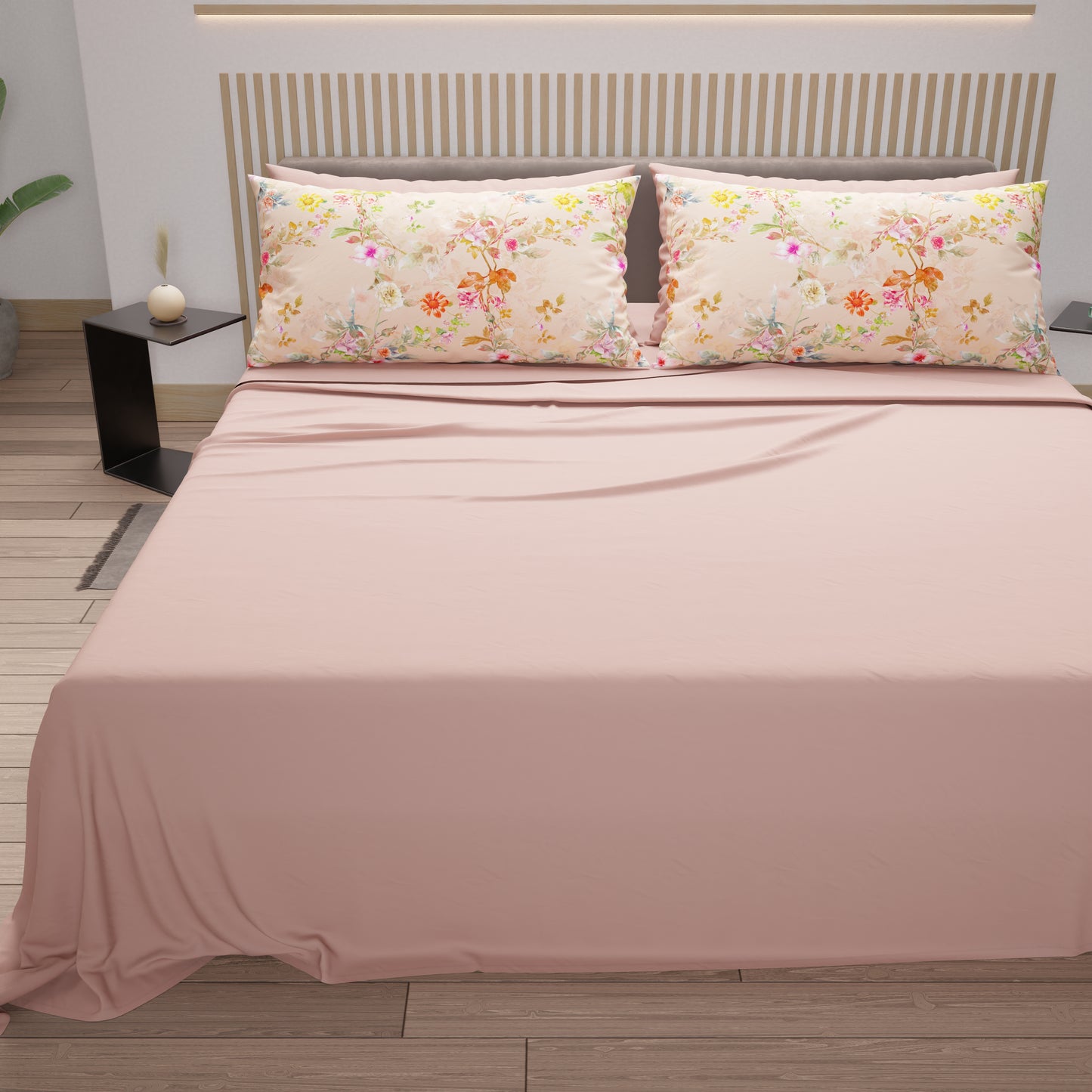 Lenzuola in Cotone, Completo Letto con Federe in Stampa Digitale Spring Cipria