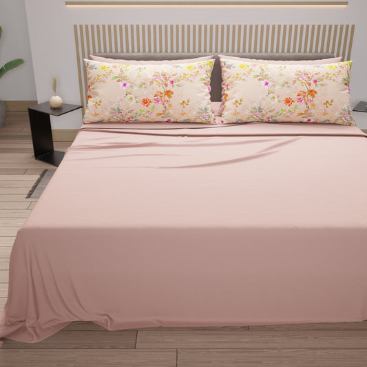 Draps en Coton, Parure de Lit avec Taies d'Oreiller en Impression Numérique Spring Poudré