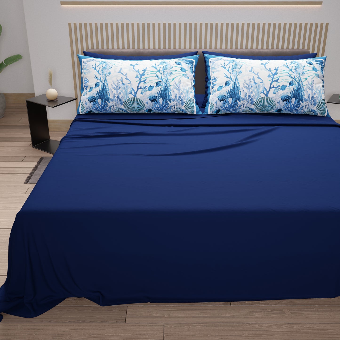 Lenzuola in Cotone, Completo Letto con Federe in Stampa Digitale Corallo Blu