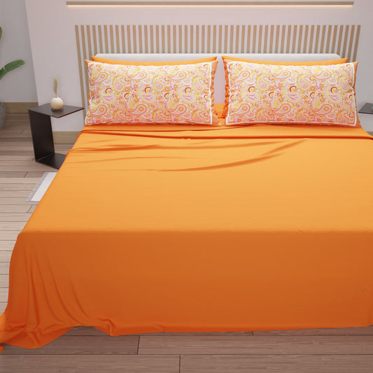 Lenzuola in Cotone, Completo Letto con Federe in Stampa Digitale Paisley Arancio