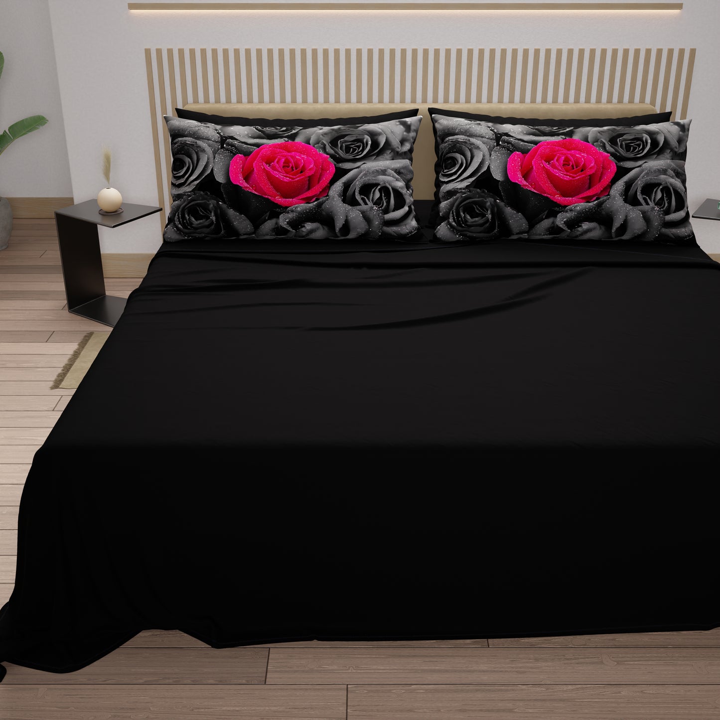 Draps en Coton, Parure de Lit avec Taies d'Oreiller en Impression Digitale Roses Noires
