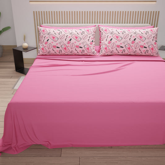 Lenzuola in Cotone, Completo Letto con Federe in Stampa Digitale Lipstick Rosa