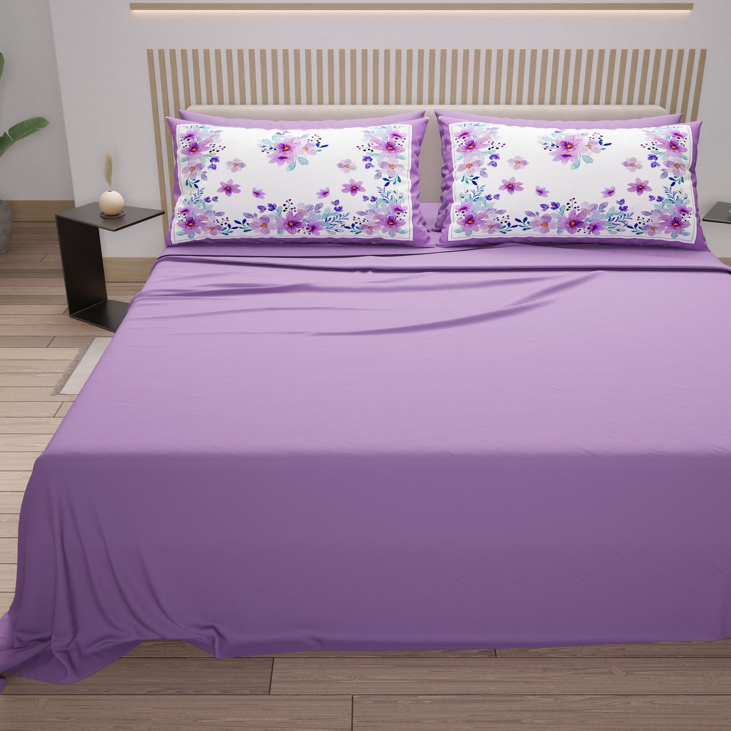 Lenzuola in Cotone, Completo Letto con Federe in Stampa Digitale Floreale Viola