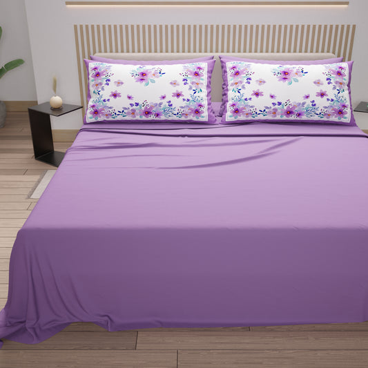 Draps en Coton, Parure de Lit avec Taies d'Oreiller en Impression Numérique Floral Violet
