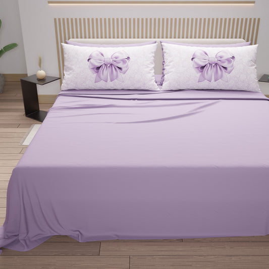 Lenzuola in Cotone, Completo Letto con Federe in Stampa Digitale Fiocco Lilla