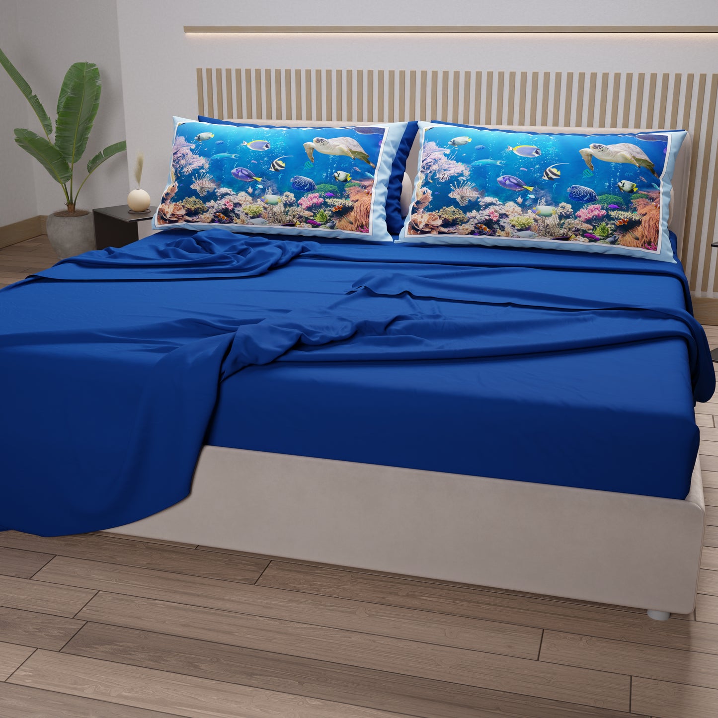 Lenzuola in Cotone, Completo Letto con Federe in Stampa Digitale Acquario