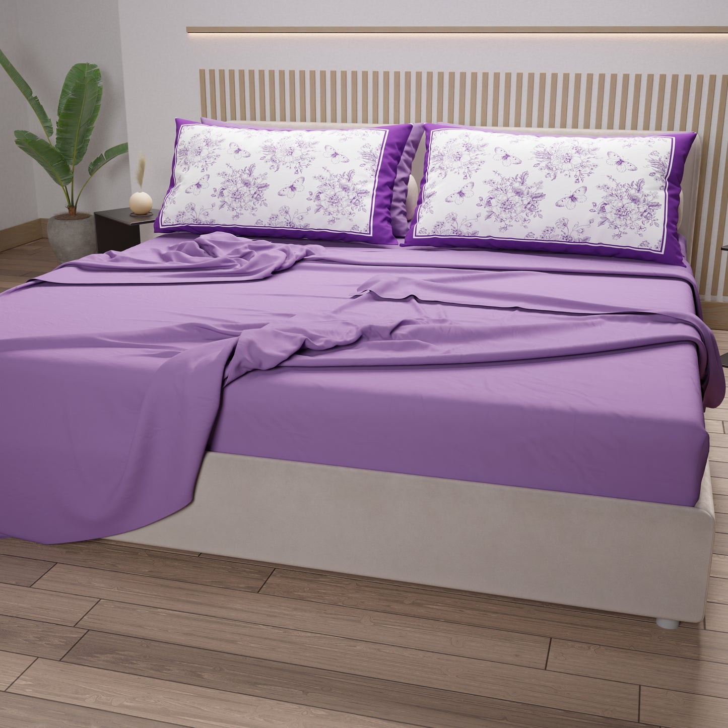 Draps en Coton, Parure de Lit avec Taies d'Oreiller en Impression Digitale Botanique Violette