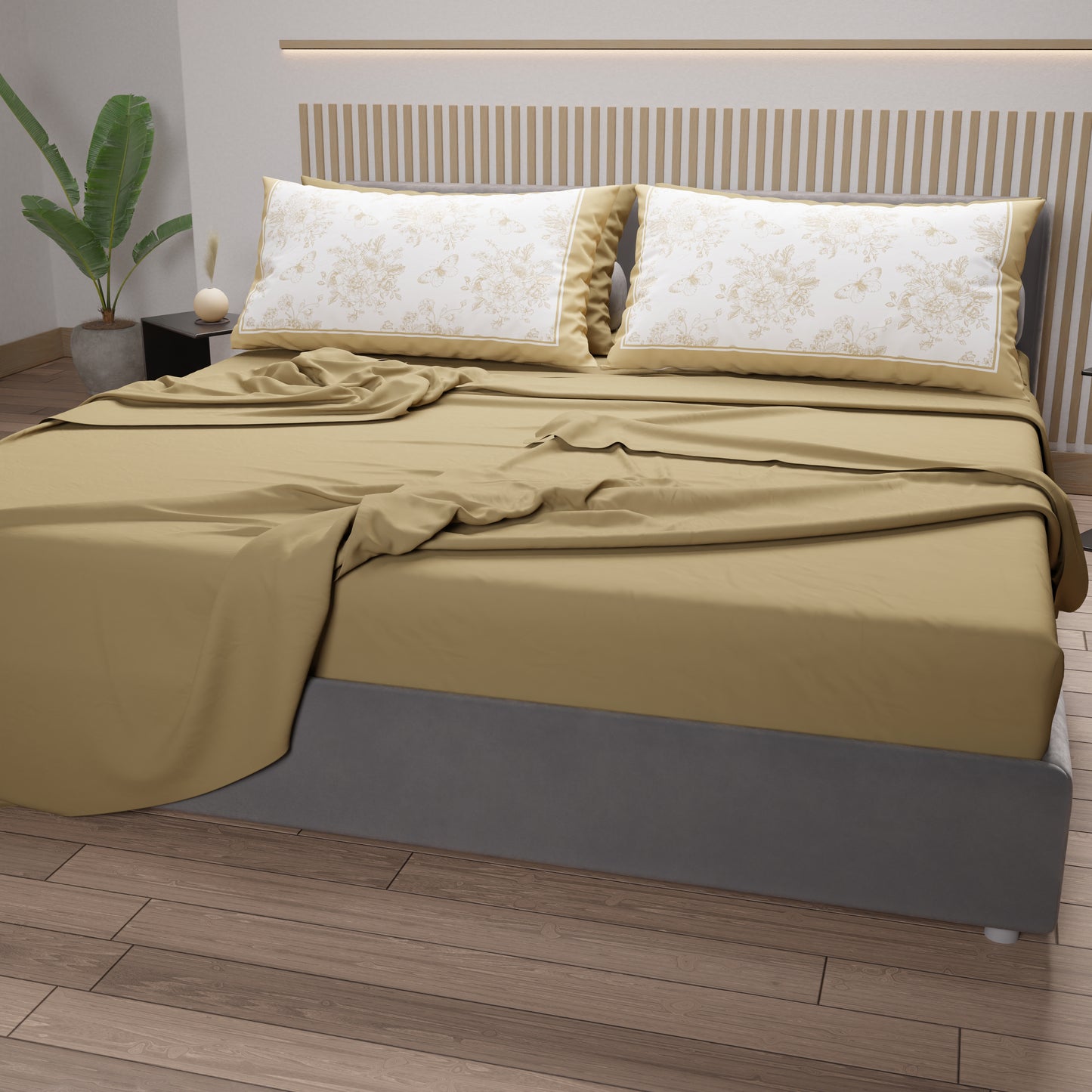 Draps en Coton, Parure de Lit avec Taies d'Oreiller en Impression Numérique Botanique Taupe