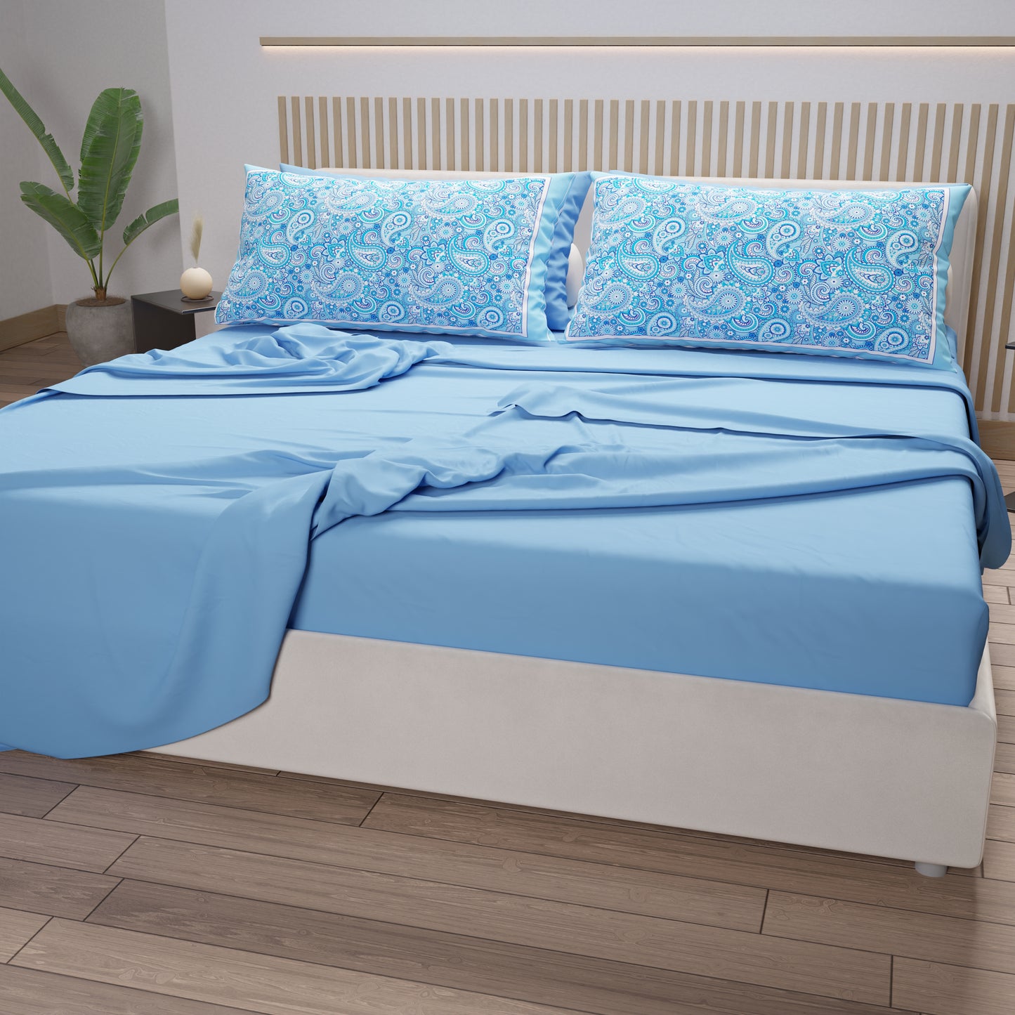 Lenzuola in Cotone, Completo Letto con Federe in Stampa Digitale Paisley Azzurro
