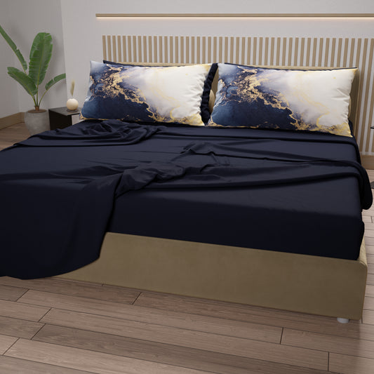 Lenzuola in Cotone, Completo Letto con Federe in Stampa Digitale Marble 08 Blu
