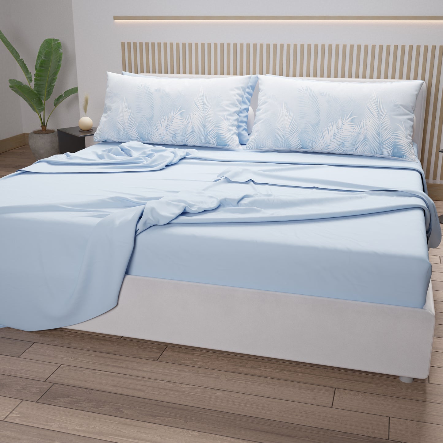 Draps en Coton, Parure de Lit avec Taies d'Oreiller en Impression Numérique Feuille Céleste