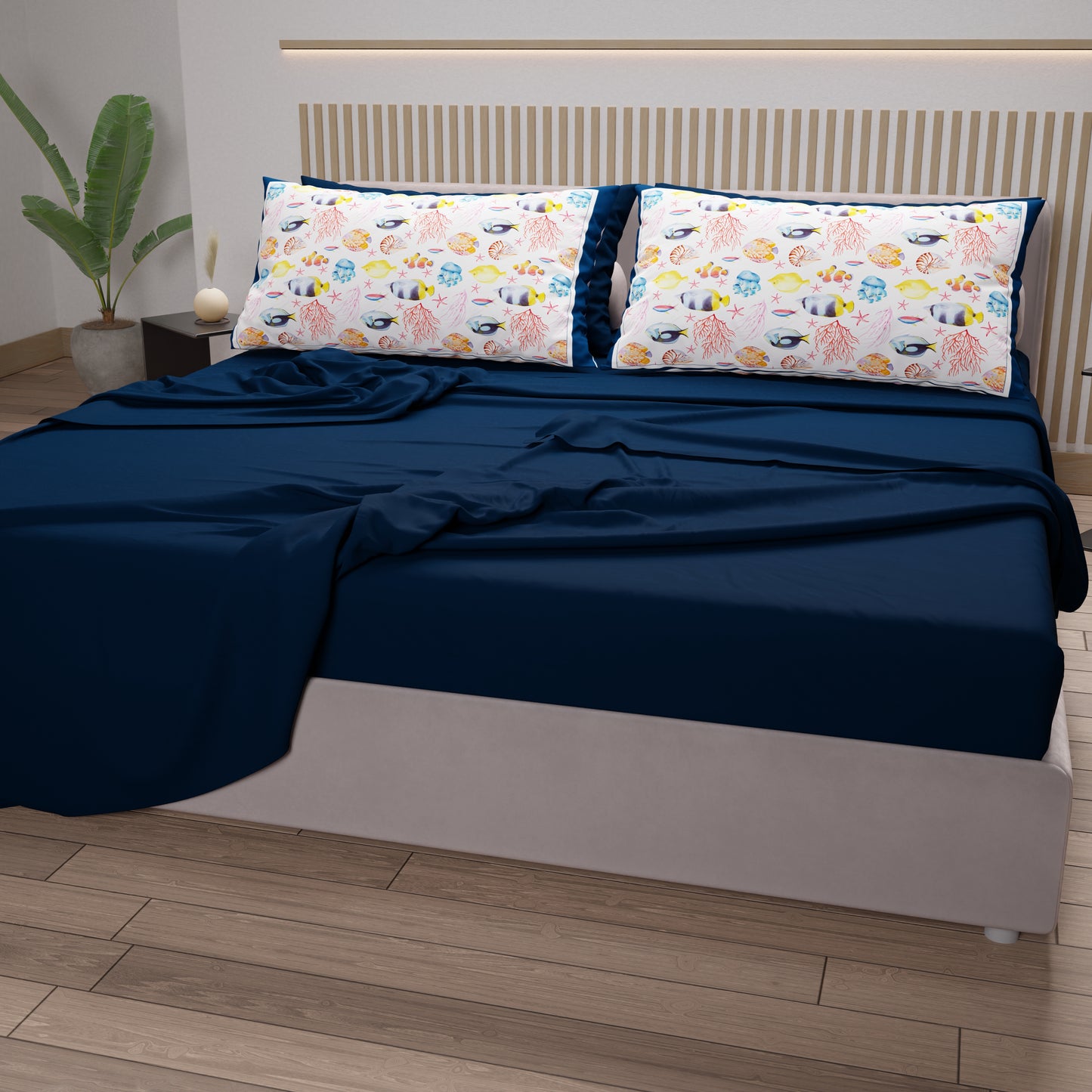 Draps en Coton, Parure de Lit avec Taies d'Oreiller en Impression Digitale Marino 05