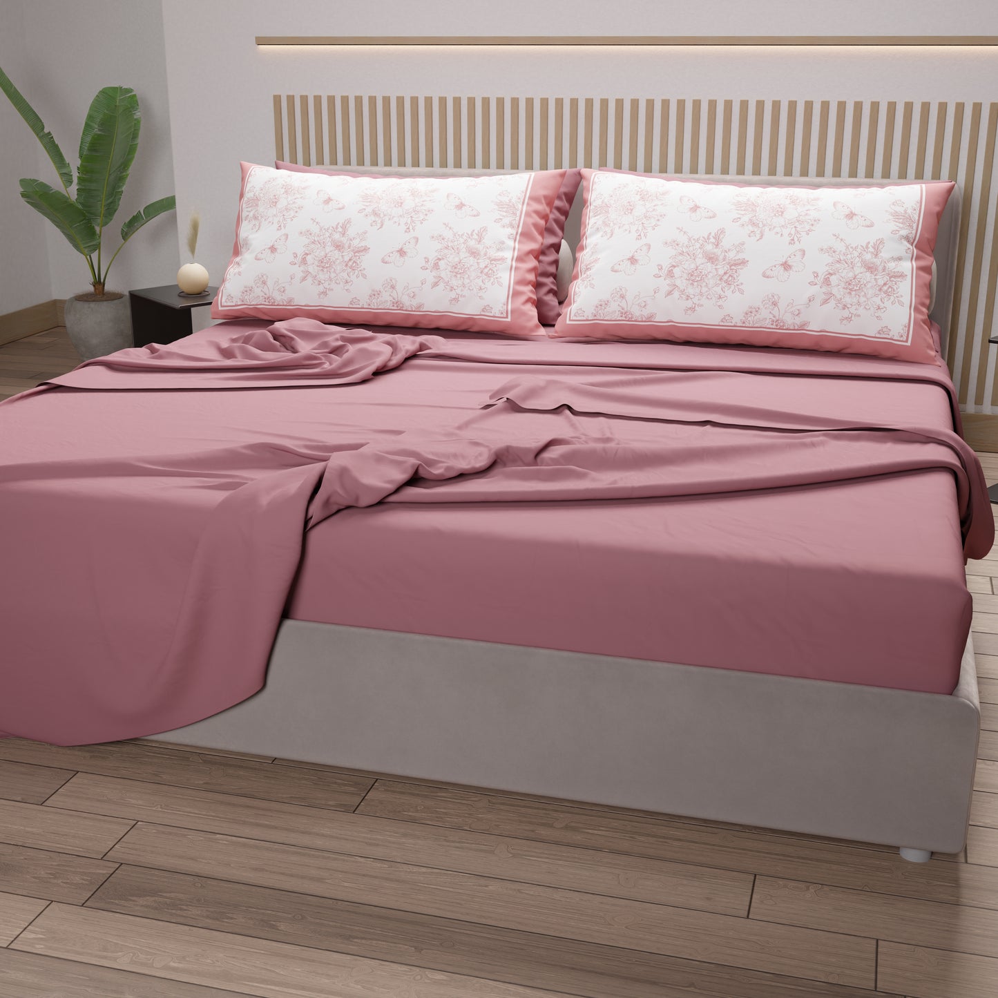 Lenzuola in Cotone, Completo Letto con Federe in Stampa Digitale Botanic Rosa
