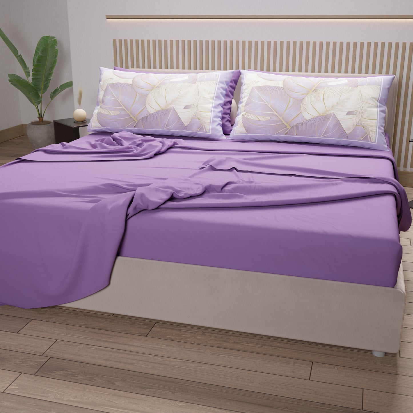 Draps en Coton, Parure de Lit avec Taies d'Oreiller en Impression Numérique Tropical Lila-Or