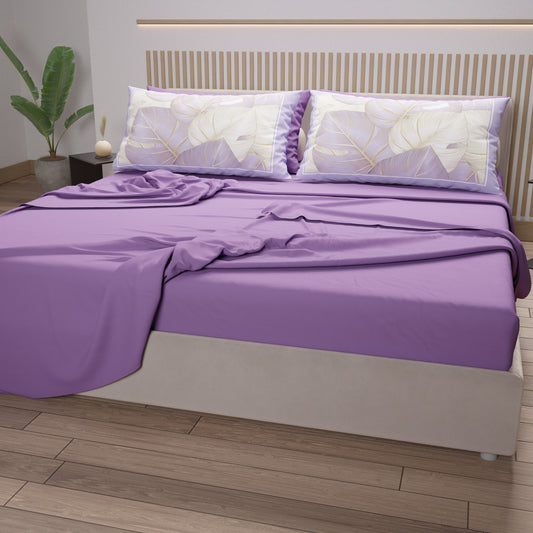 Draps en Coton, Parure de Lit avec Taies d'Oreiller en Impression Numérique Tropical Lila-Or