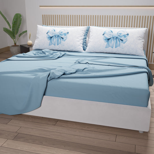 Lenzuola in Cotone, Completo Letto con Federe in Stampa Digitale Fiocco Celeste