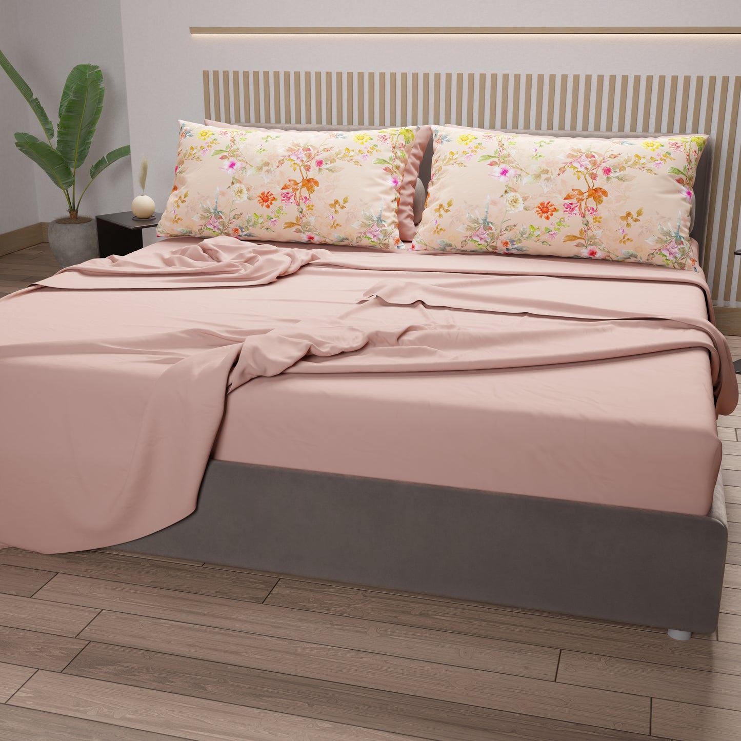 Lenzuola in Cotone, Completo Letto con Federe in Stampa Digitale Spring Cipria