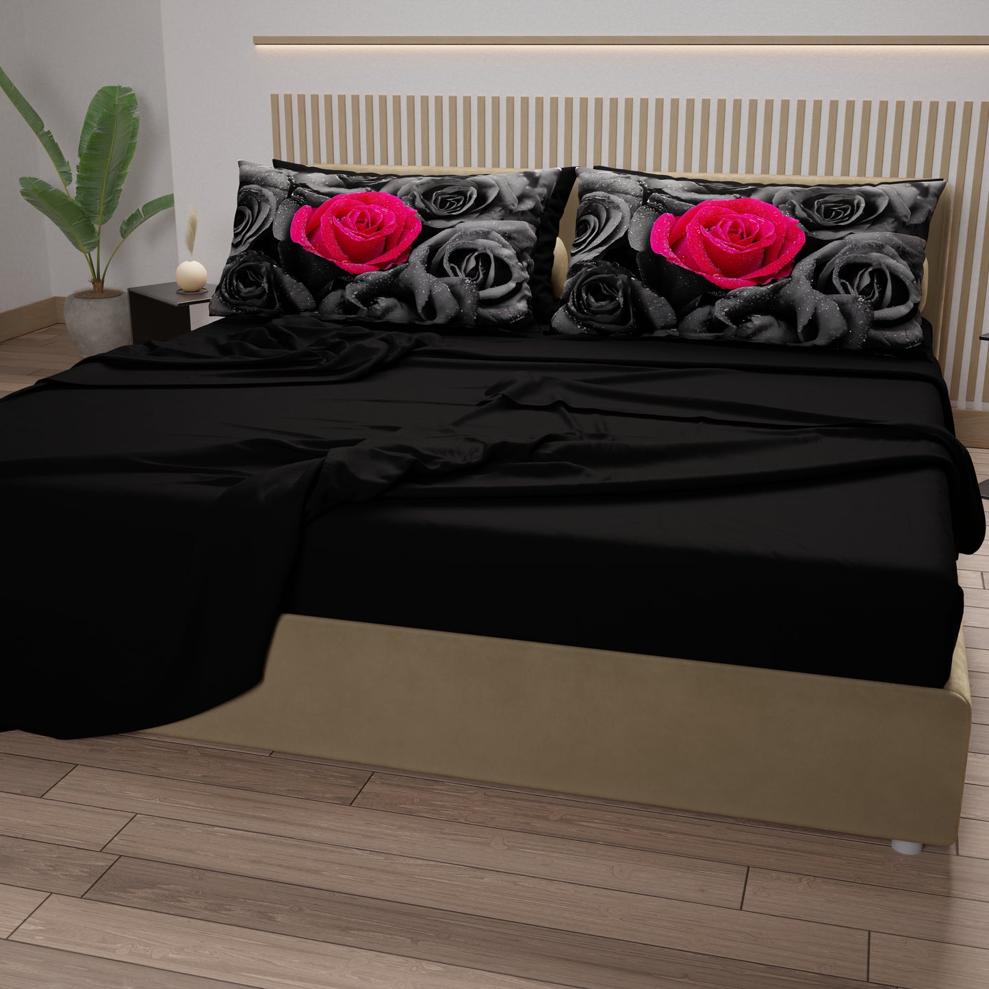Draps en Coton, Parure de Lit avec Taies d'Oreiller en Impression Digitale Roses Noires
