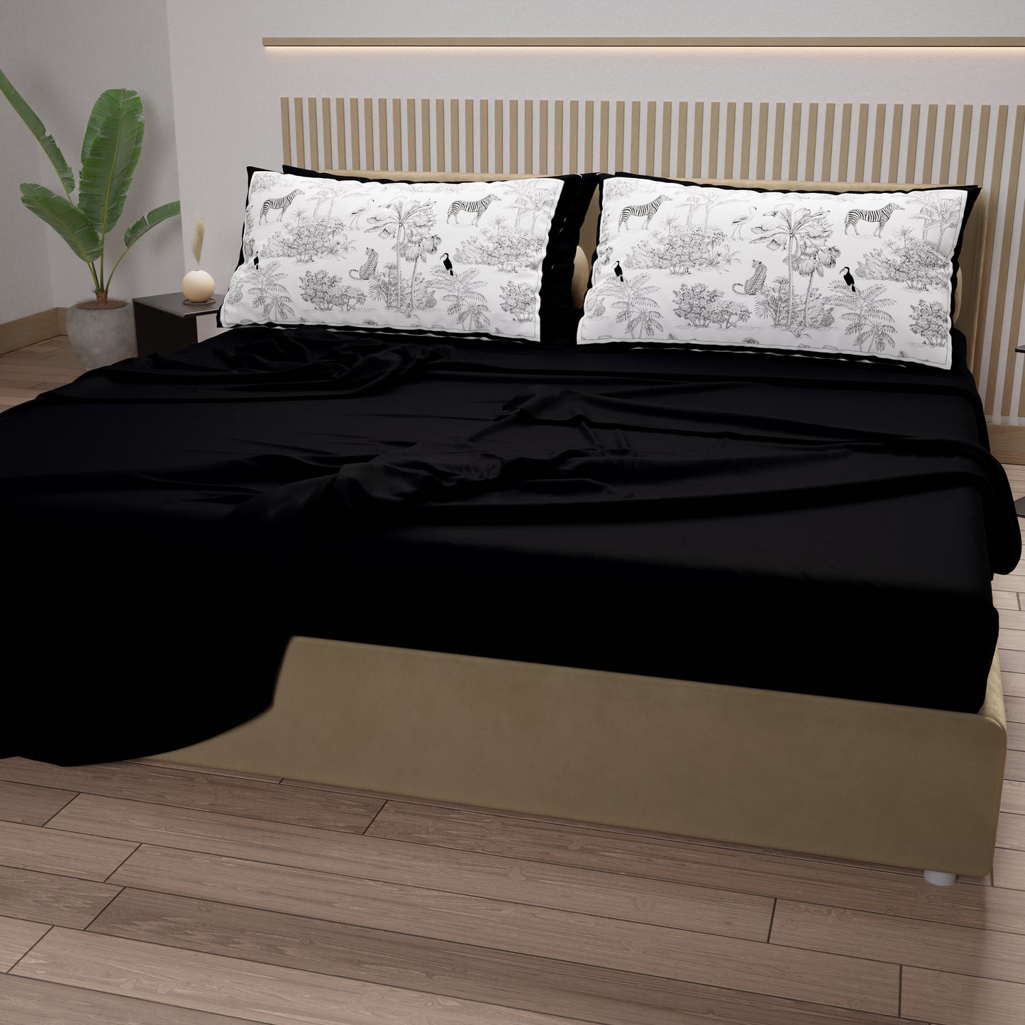 Lenzuola in Cotone, Completo Letto con Federe in Stampa Digitale Animalier Nero