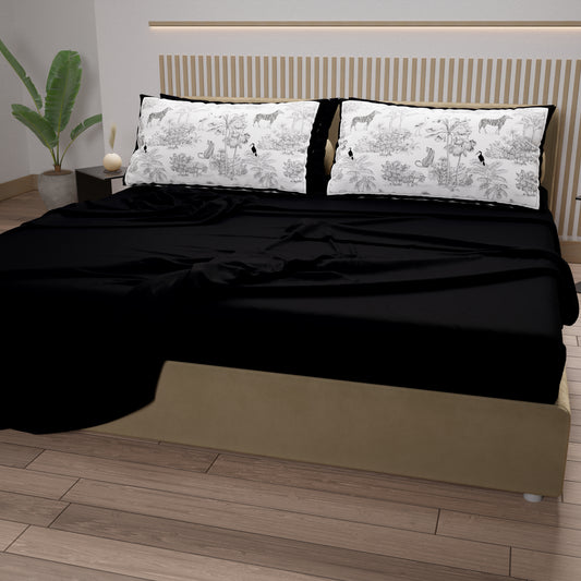 Draps en Coton, Parure de Lit avec Taies d'Oreiller en Impression Digitale Animalier Noir