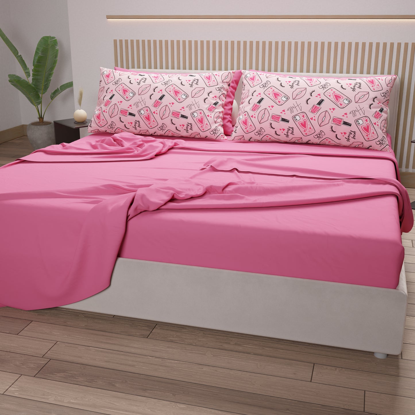 Lenzuola in Cotone, Completo Letto con Federe in Stampa Digitale Lipstick Rosa