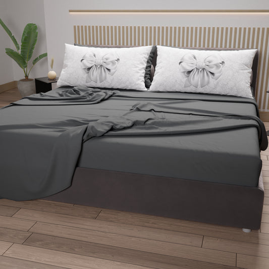 Lenzuola in Cotone, Completo Letto con Federe in Stampa Digitale Fiocco Grigio