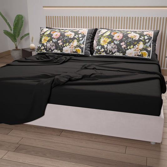 Lenzuola in Cotone, Completo Letto con Federe in Stampa Digitale Floreale 06-Nero