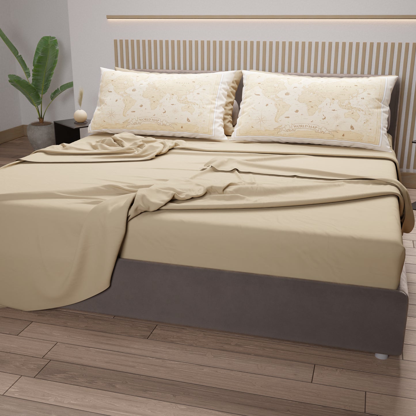 Draps en Coton, Parure de Lit avec Taies d'Oreiller en Impression Numérique World Beige