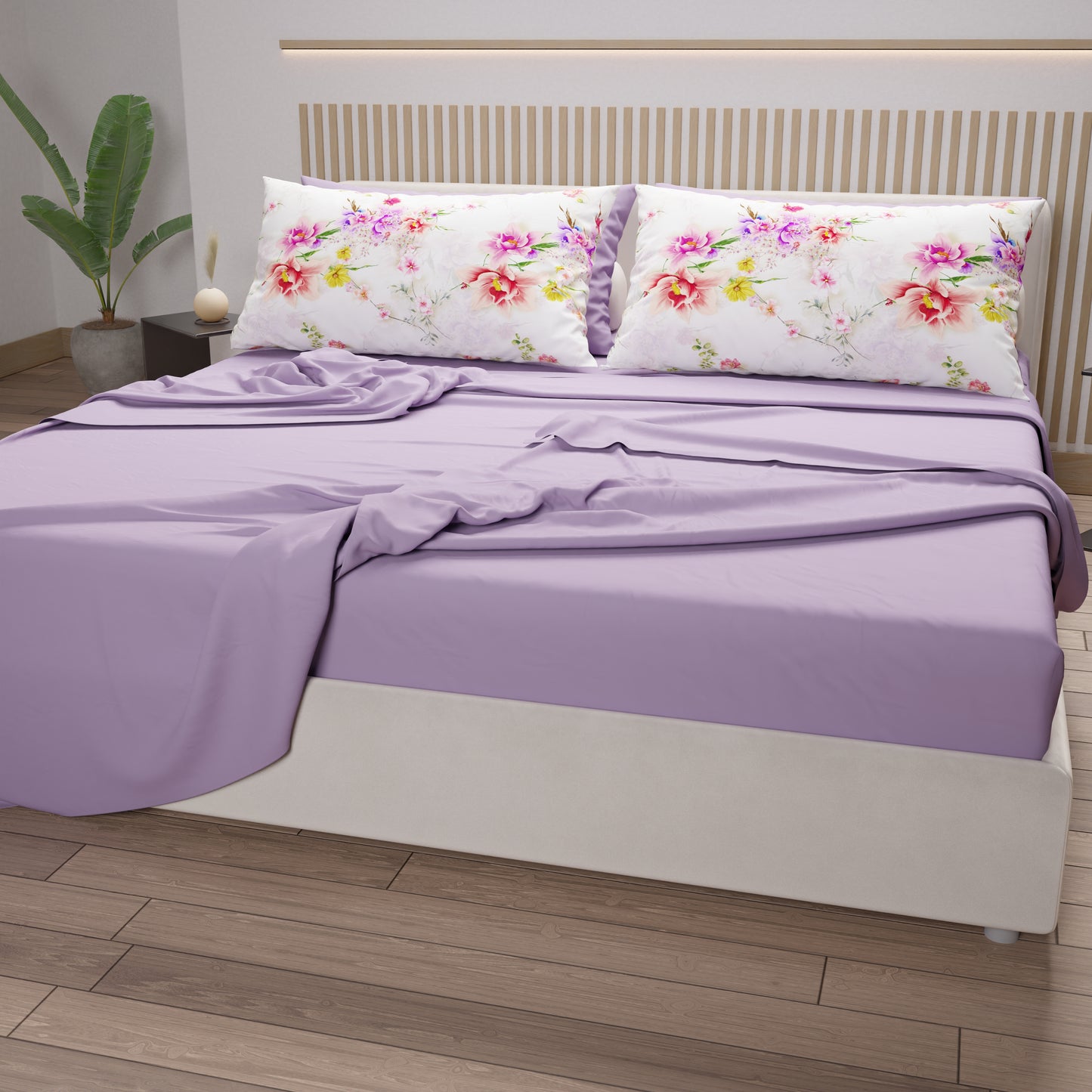 Cotton Sheets, Bed Set with Spring White Digital Print Pillowcases