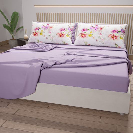 Draps en Coton, Parure de Lit avec Taies d'Oreiller en Impression Digitale Printemps Blanc
