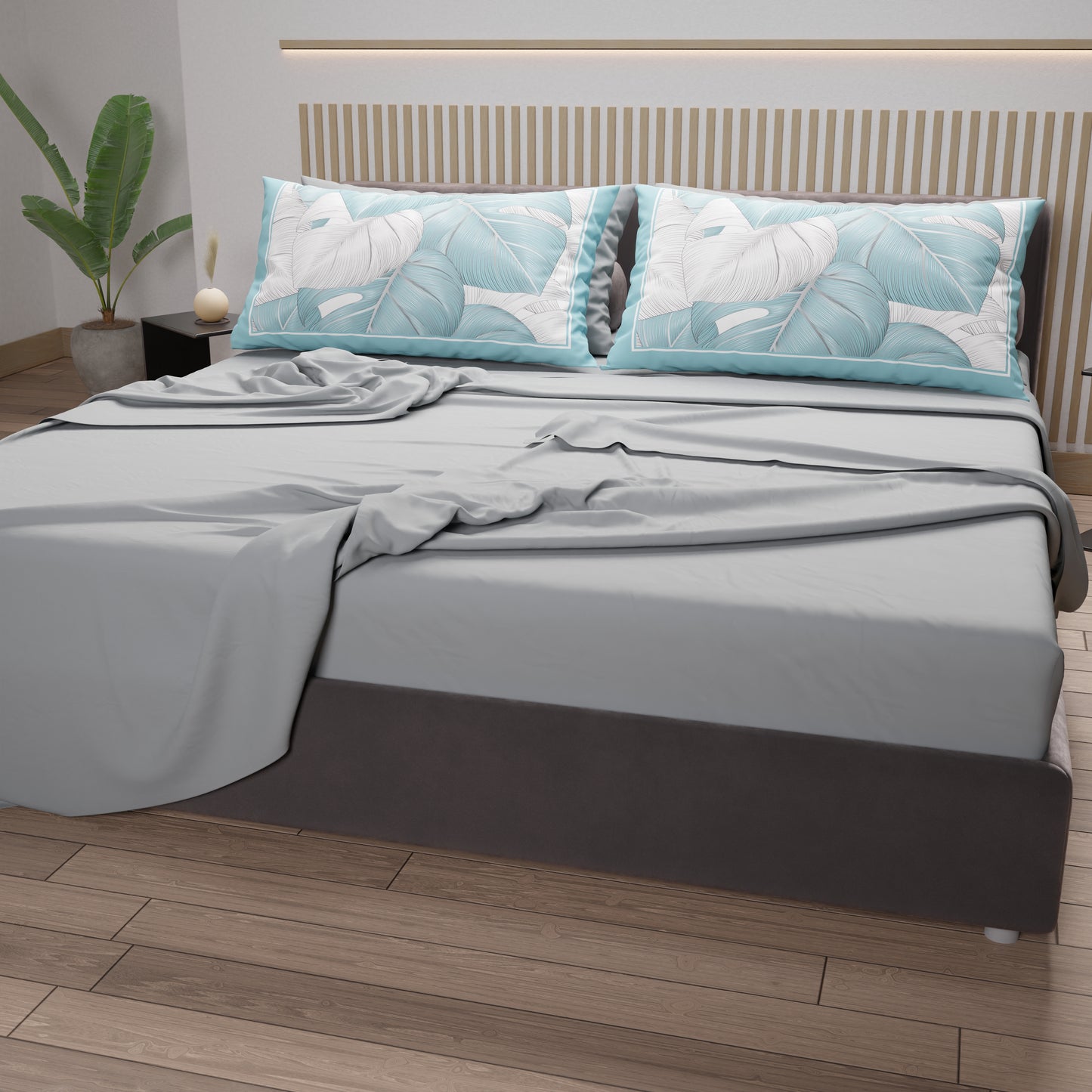 Lenzuola in Cotone, Completo Letto con Federe in Stampa Digitale Tropical Celeste-Argento