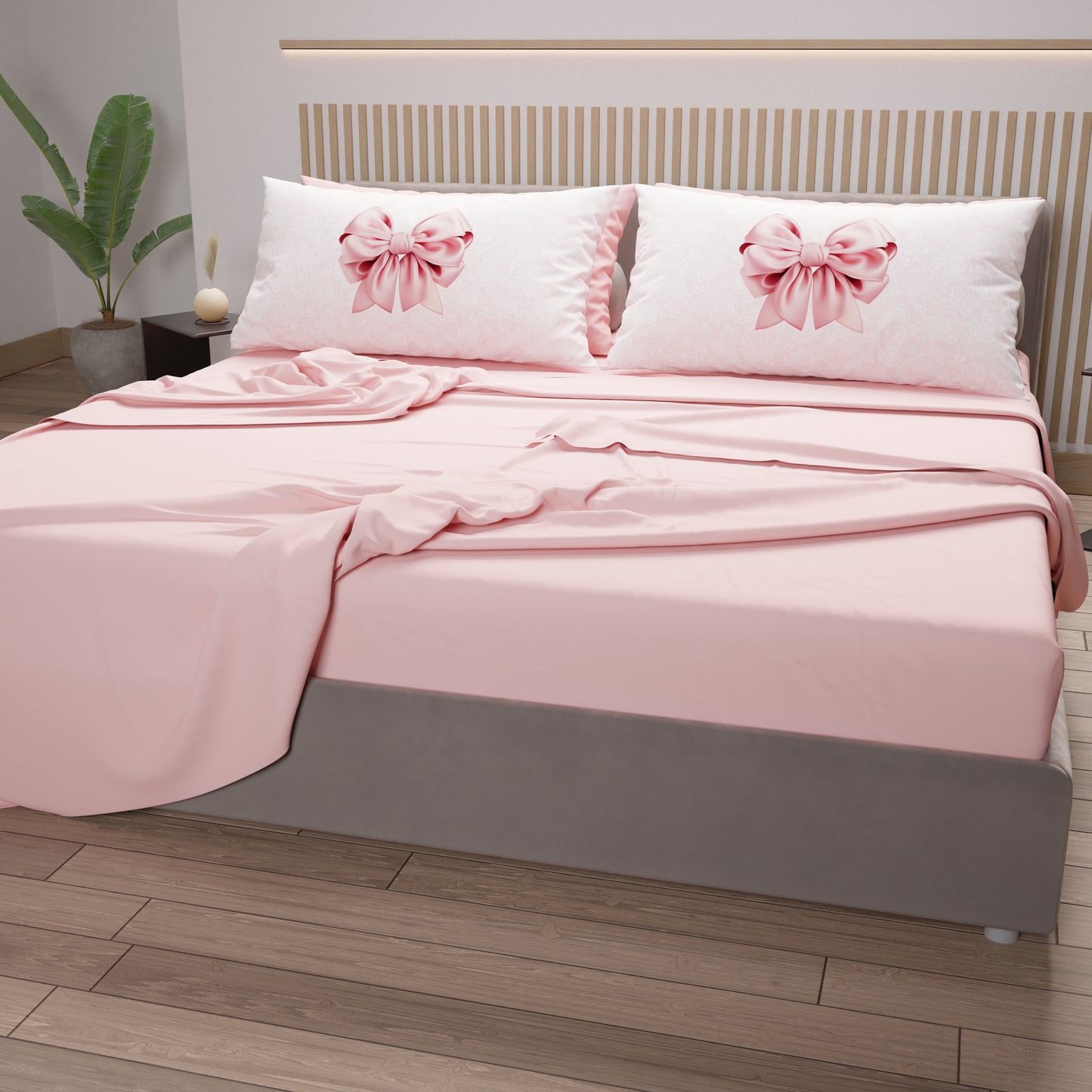 Lenzuola in Cotone, Completo Letto con Federe in Stampa Digitale Fiocco Rosa