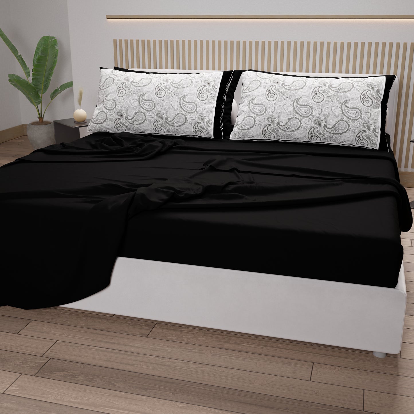 Cotton Sheets, Bed Set with Black Paisley Digital Print Pillowcases