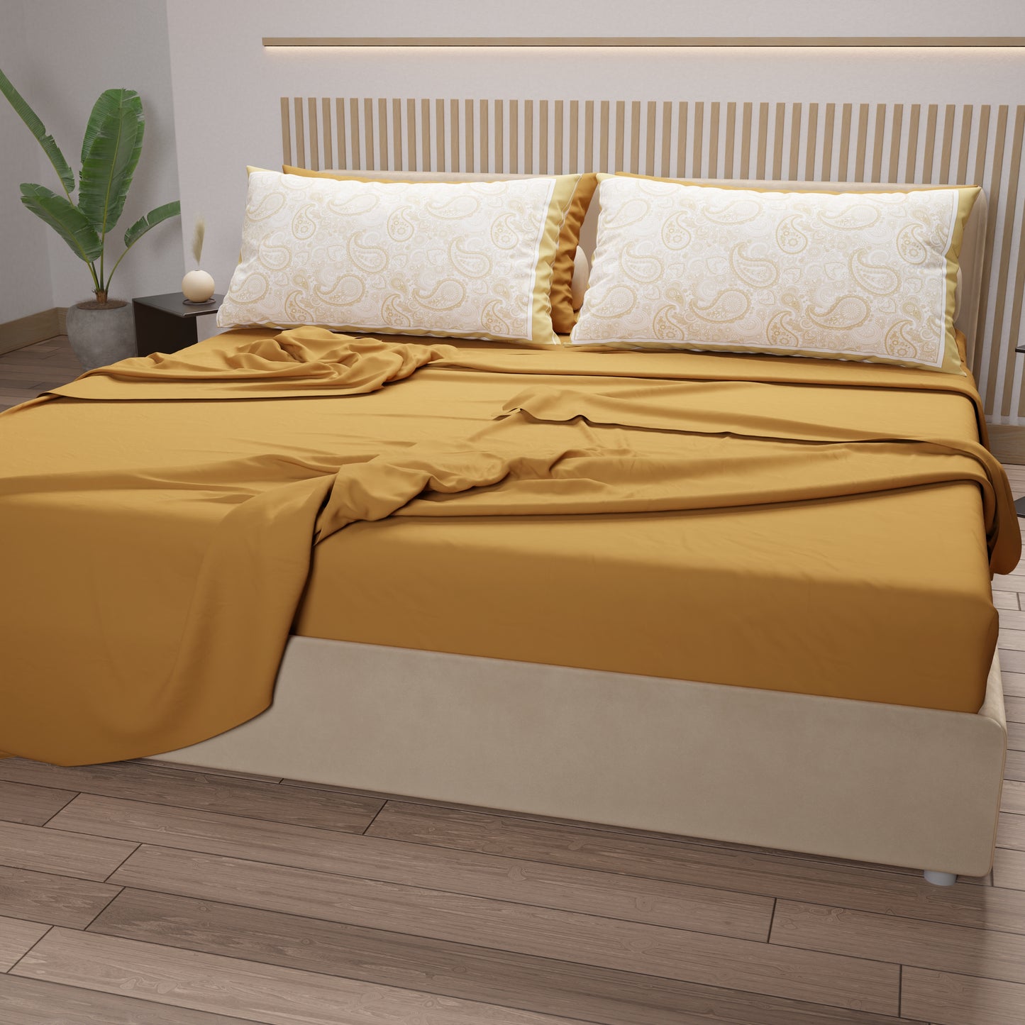 Lenzuola in Cotone, Completo Letto con Federe in Stampa Digitale Paisley Beige