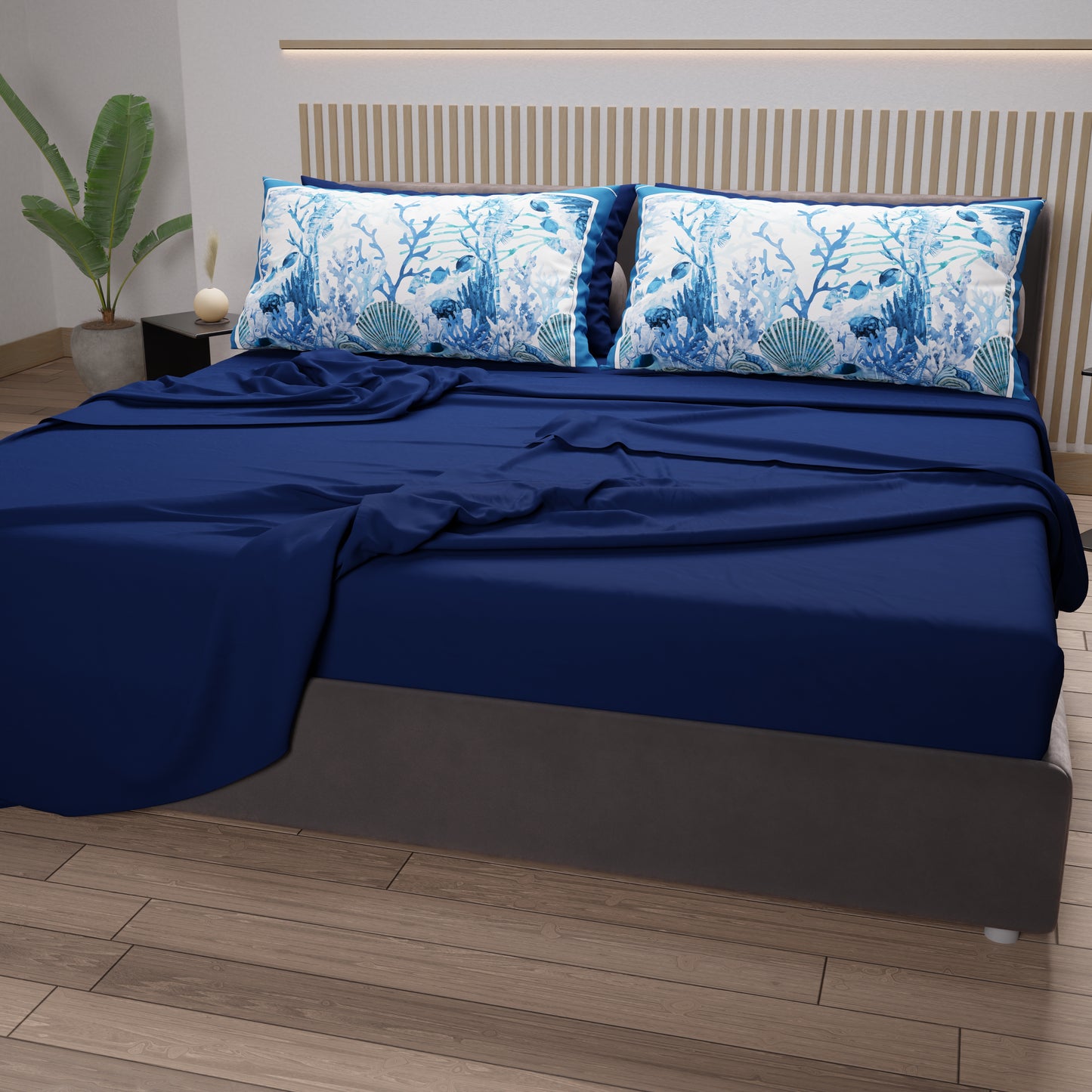 Lenzuola in Cotone, Completo Letto con Federe in Stampa Digitale Corallo Blu