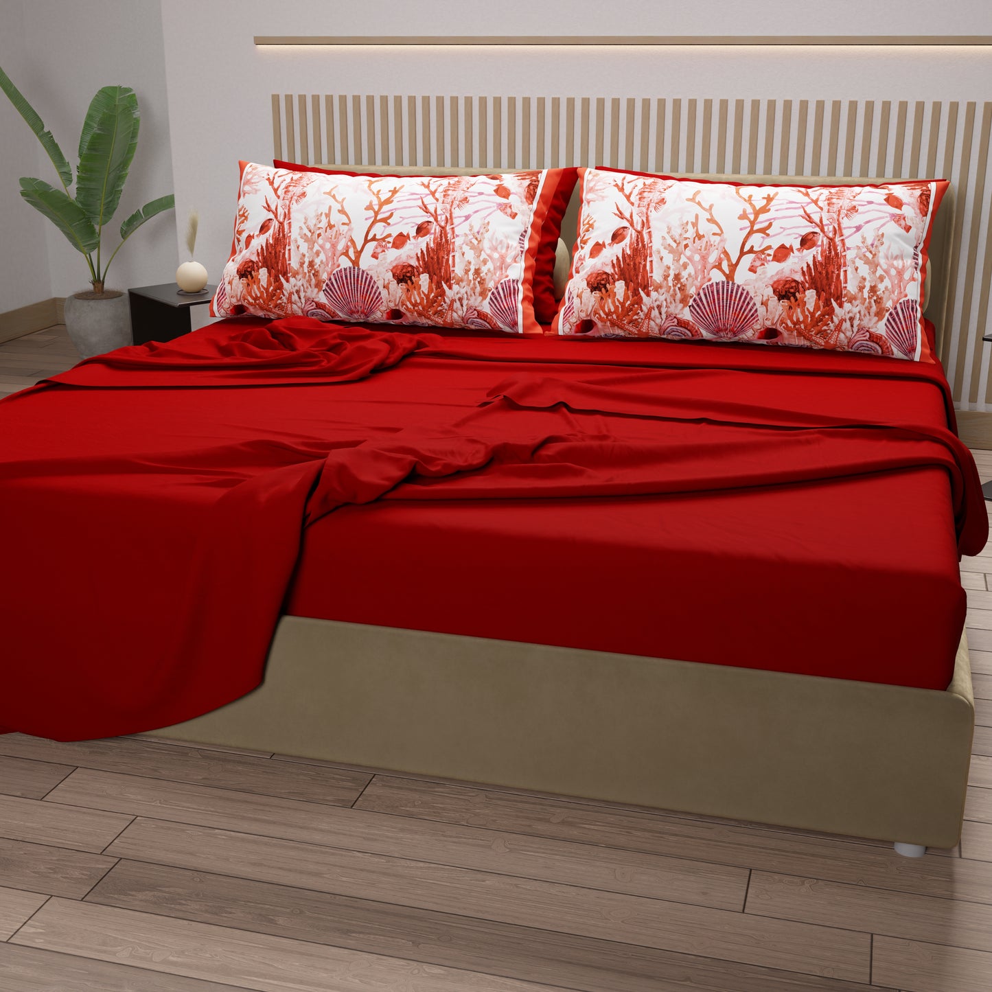 Lenzuola in Cotone, Completo Letto con Federe in Stampa Digitale Corallo Rosso