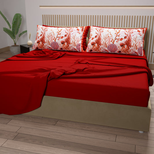 Draps en Coton, Parure de Lit avec Taies d'Oreiller en Impression Numérique Corail Rouge