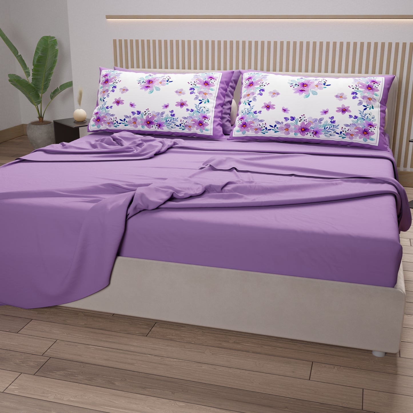 Lenzuola in Cotone, Completo Letto con Federe in Stampa Digitale Floreale Viola