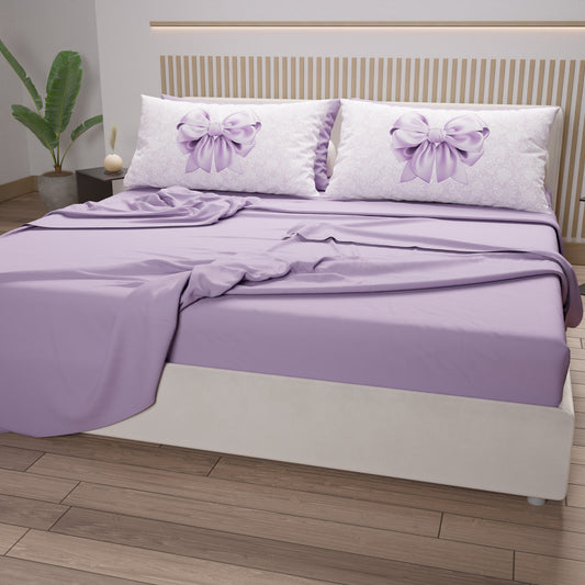 Lenzuola in Cotone, Completo Letto con Federe in Stampa Digitale Fiocco Lilla