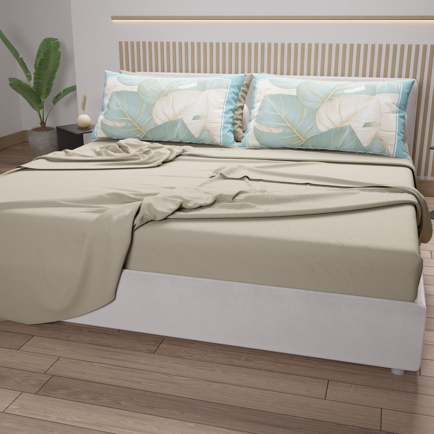 Draps en Coton, Parure de Lit avec Taies d'Oreiller en Impression Numérique Tropical Céleste-Or