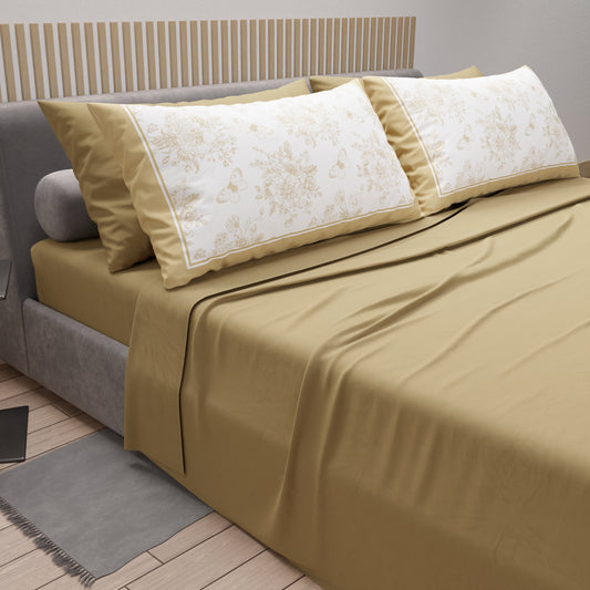 Lenzuola in Cotone, Completo Letto con Federe in Stampa Digitale Botanic Tortora