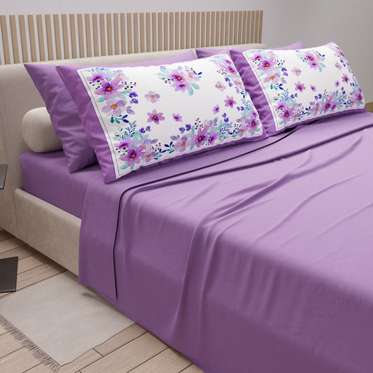 Draps en Coton, Parure de Lit avec Taies d'Oreiller en Impression Numérique Floral Violet