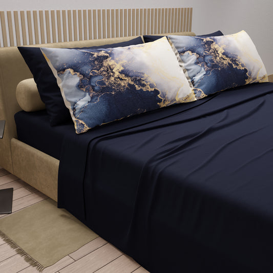 Lenzuola in Cotone, Completo Letto con Federe in Stampa Digitale Marble 08 Blu