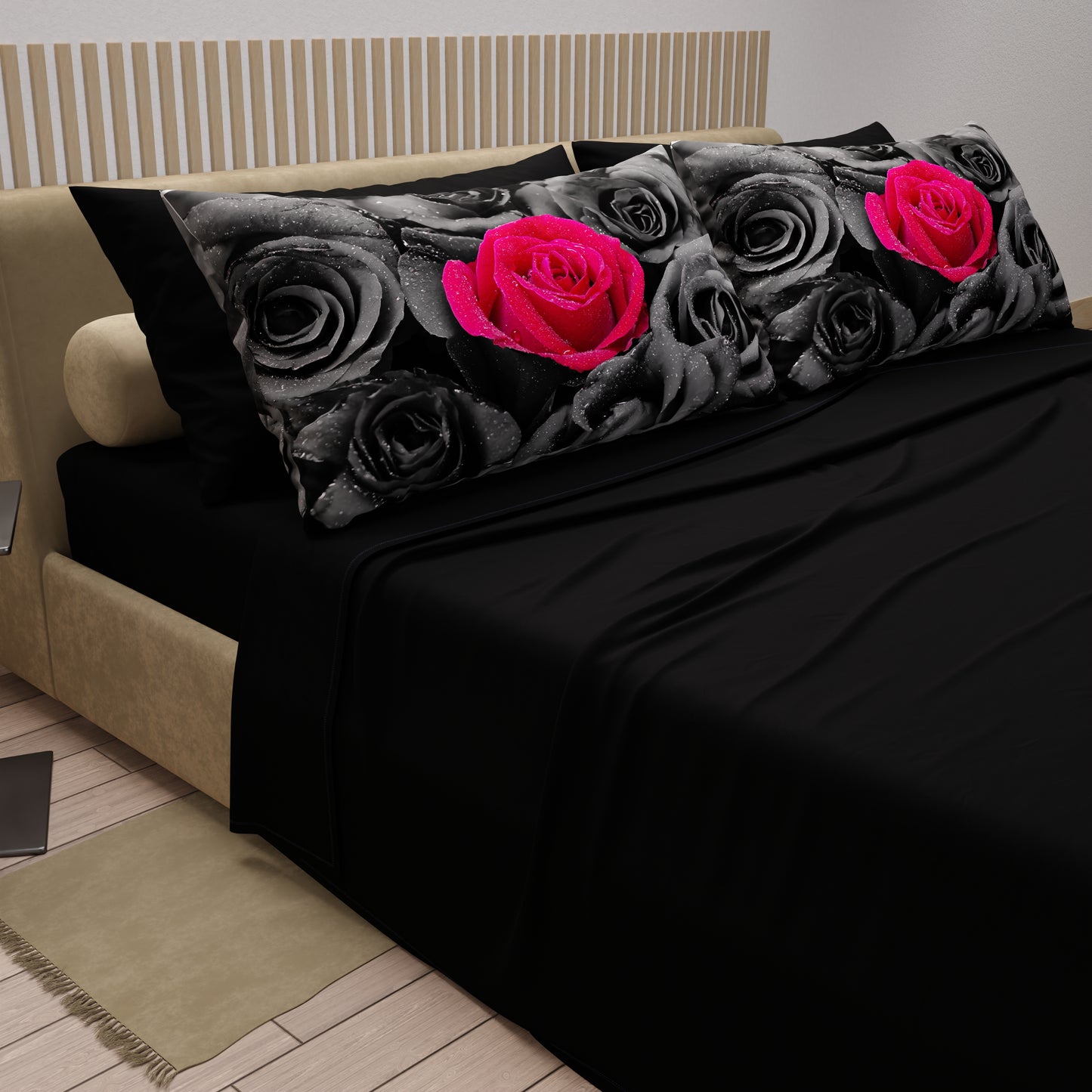 Draps en Coton, Parure de Lit avec Taies d'Oreiller en Impression Digitale Roses Noires