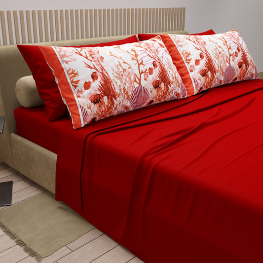 Draps en Coton, Parure de Lit avec Taies d'Oreiller en Impression Numérique Corail Rouge