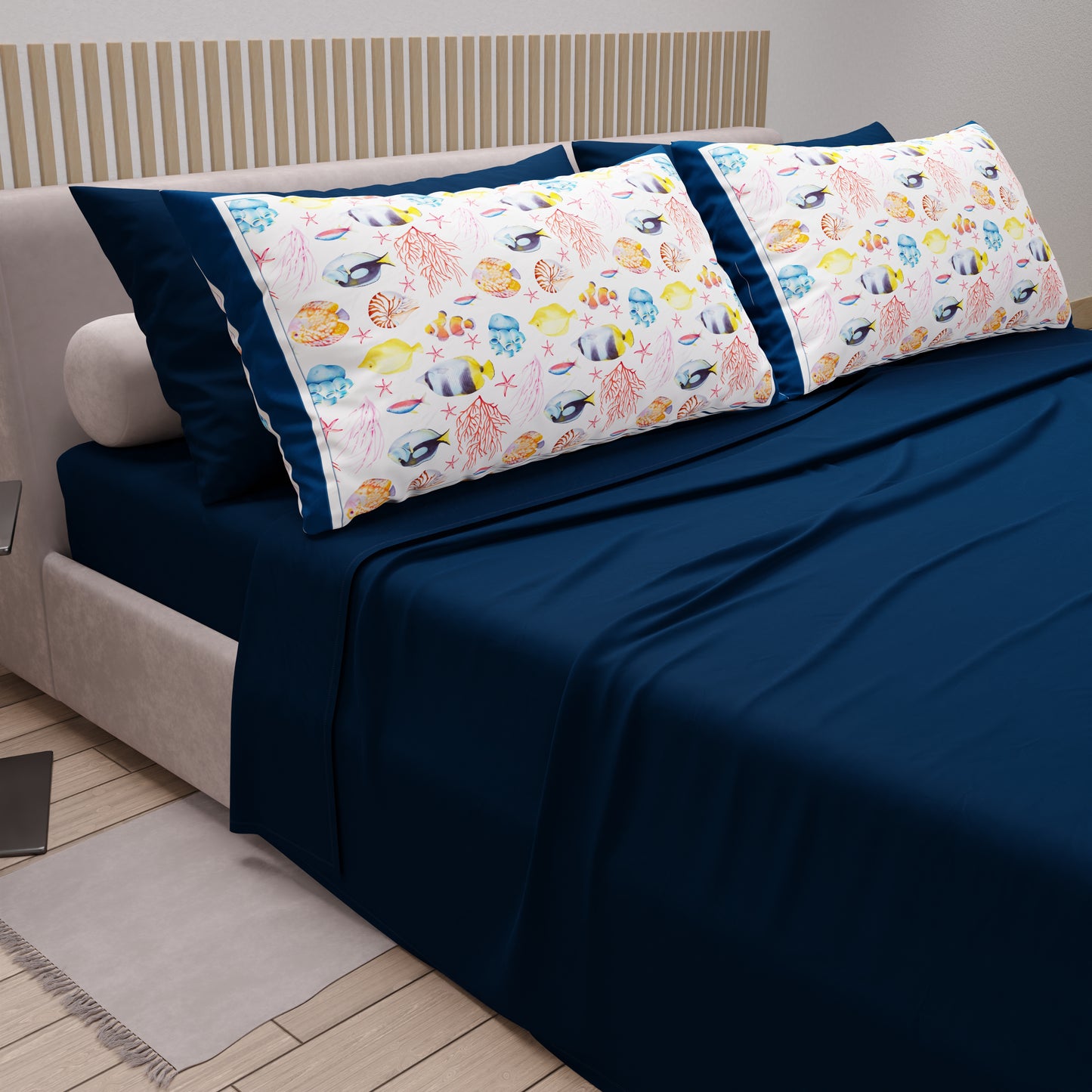 Draps en Coton, Parure de Lit avec Taies d'Oreiller en Impression Digitale Marino 05