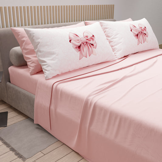 Lenzuola in Cotone, Completo Letto con Federe in Stampa Digitale Fiocco Rosa