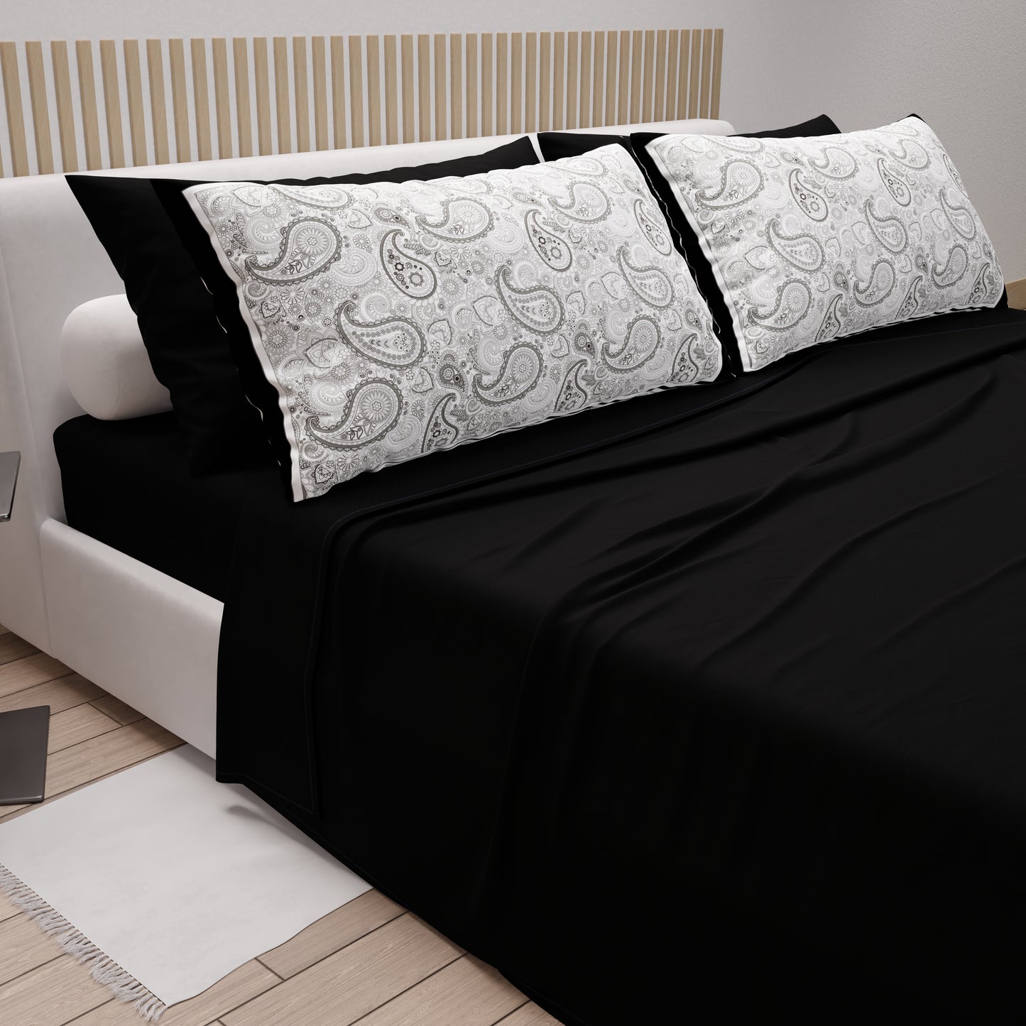 Cotton Sheets, Bed Set with Black Paisley Digital Print Pillowcases