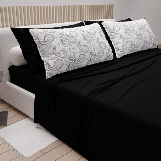 Lenzuola in Cotone, Completo Letto con Federe in Stampa Digitale Paisley Nero